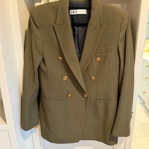 Zara Khaki Double-Breasted Blazer with Gold Buttons
